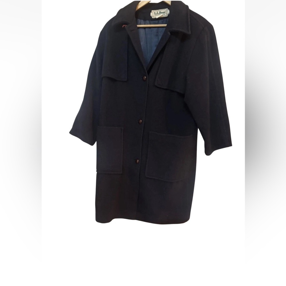 L.L. Bean Vintage Wool Overcoat Navy Blue Size 12 Button Front Freeport Maine